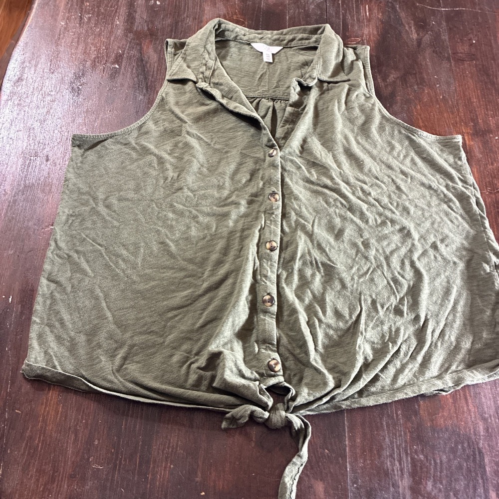 Time And Tru Shirt Womens XXL Green Button Up‎ Tie Front Sleeveless Casual Art